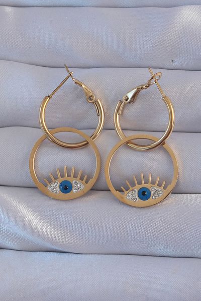Toptan Bulurum 316L Steel Gold Color Zircon Stone Blue Eye Design Hoop Earrings
