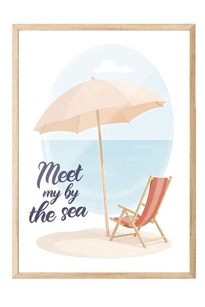 Postifull Wooden Framed Poster, Seaside Meeting, Illustration, Blue Color Poster, 2025 Summer Selection, N