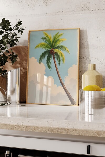 Postifull Wooden Framed Poster Painting, Tall Palm Tree, Illustration, Green Color Poster, 2025 Summer Selection,