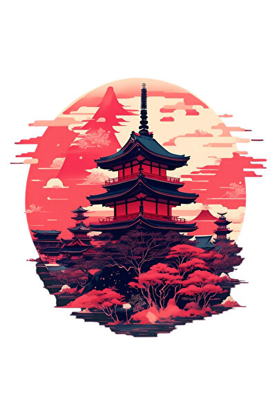 INOVATIX Set de 8 piese, autocolant Pagodă japoneză la apus, INOVATIX®. 6 cm