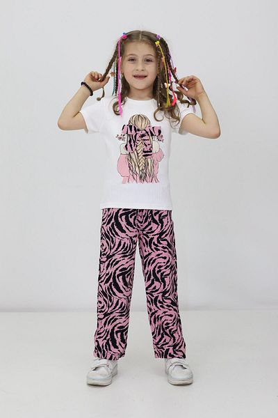 RAPİDO LİFE Girls' Double Suit Short Sleeve Printed Ribbon Detail T-Shirt with Elastic Waist Patterned Pants