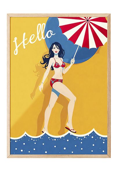 Postifull Wooden Framed Painting, Hello Summer, Illustration, Maximalist, Yellow Color Poster, 2025 Summer Selection, No