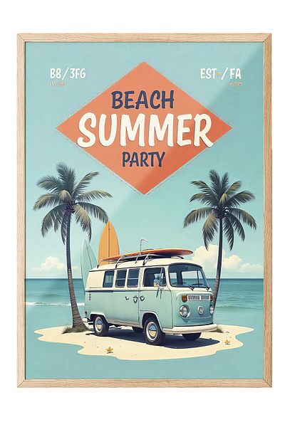 Postifull Wooden Framed Painting, Summer Beach Party, Illustration, Maximalist, Blue Color Poster, 2025 Summer Selection