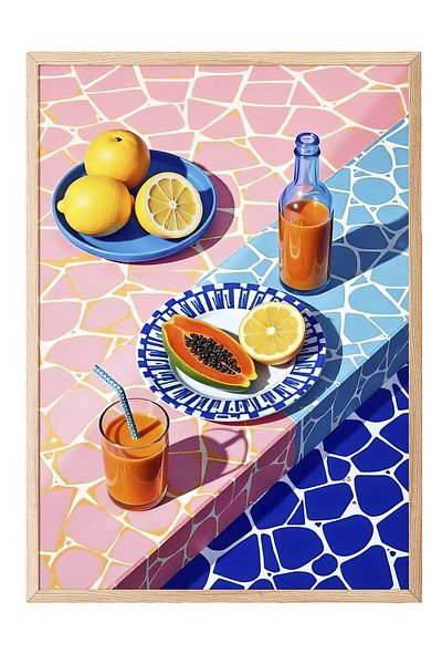 Postifull Wooden Framed Painting, Summer Atmosphere, Illustration, Maximalist, Blue Color Poster, 2025 Summer Selection, No: