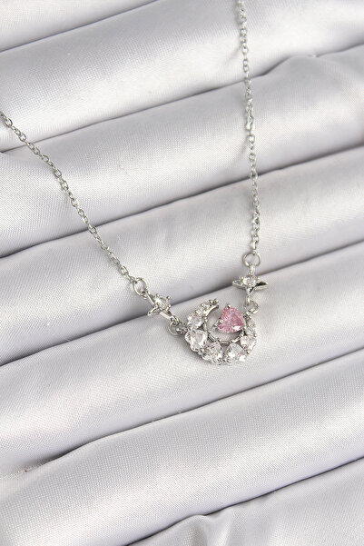 Toptan Bulurum 316L Steel Silver Color Zircon Stone Crescent Pink Heart Model...