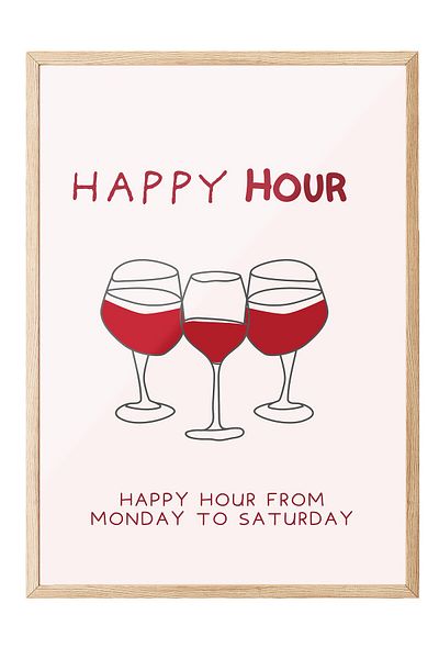 Postifull Wooden Framed Painting, Wine Glasses, Flat Illustration, Red, Beige Color Poster, 2025 Summer Selection