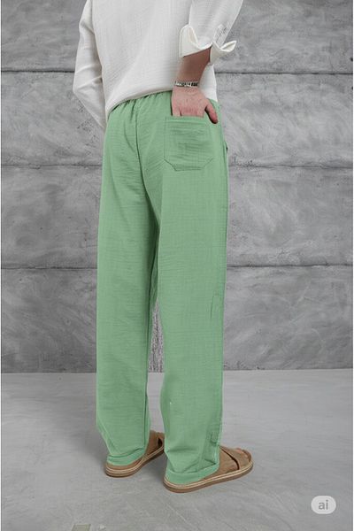 NO 601 Men's Green Summer Muslin Linen Blended Fabric Relaxed Fit Pantalon