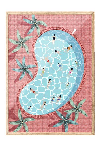 Postifull Wooden Framed Poster, Rich Pool, Illustration, Maximalist, Pink Color Poster, 2025 Summer Selection,