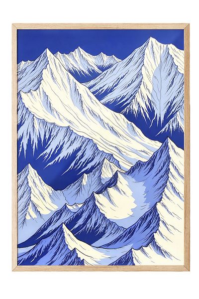 Postifull Wooden Framed Painting, Shining Mountains, Illustration, Blue Color Poster, 2025 Summer Selection, No:109725