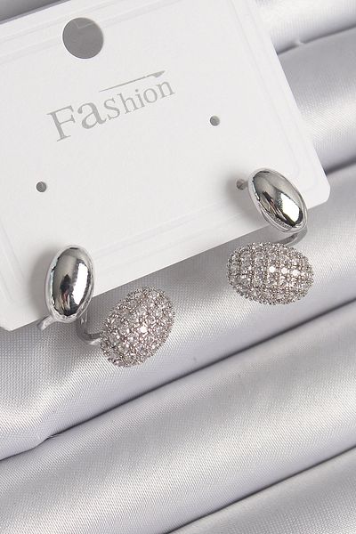 Toptan Bulurum Brass Silver Color Zircon Stone Curved Model Women's Earrings