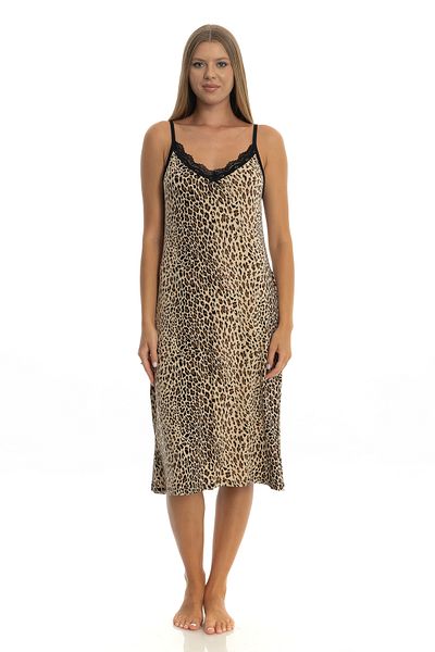 Beneti Leopard Patterned Strap Slit Ribbon and Lace Detailed Women's Beach Dress