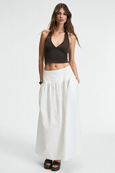 GRIMELANGE MORIENNE Kadın Halter Yaka Kalın Askılı Sırtı Açık Crop Kahverengi Bluz