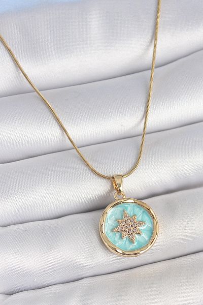 NEZADE STORE 316L Steel Gold Color Chain Blue Enameled Zircon Stone North Star Engraved Medallion Model Women's Necklace