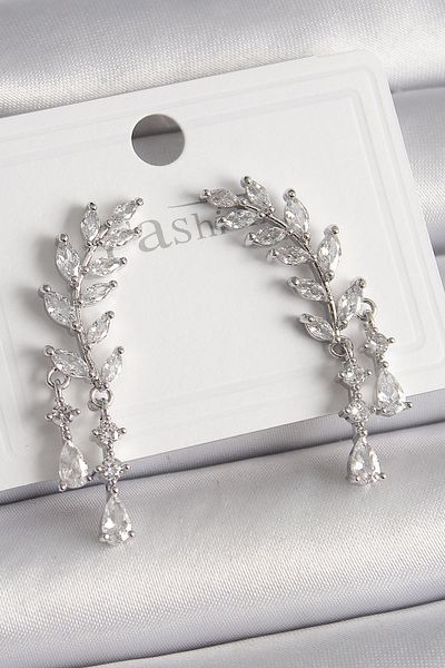 NEZADE STORE Brass Silver Color Zircon Stone Spike Model Women's Earrings