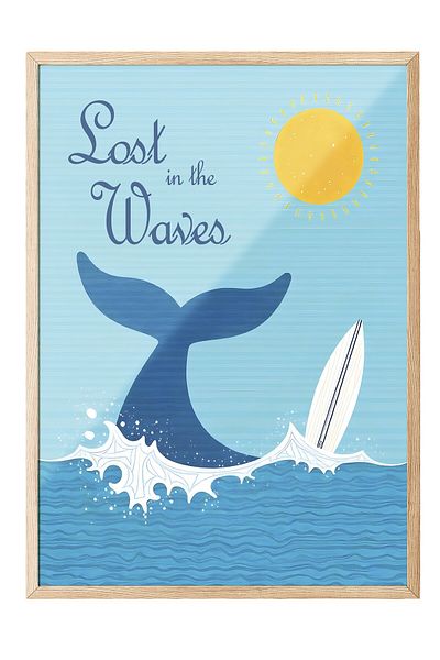 Postifull Wooden Framed Poster, Lost between Waves, Illustration, Blue Color Poster, Summer Selection of 2025