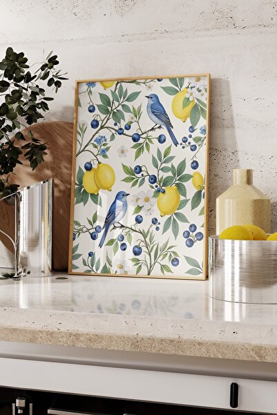 Postifull Wooden Framed Poster, Birds and Lemons, Illustration, Yellow Color Poster, Summer Selection 2025, No:109541
