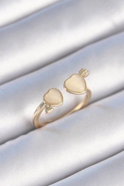 Toptan Bulurum Brass Gold Color White Enamel Heart Model Women's Ring