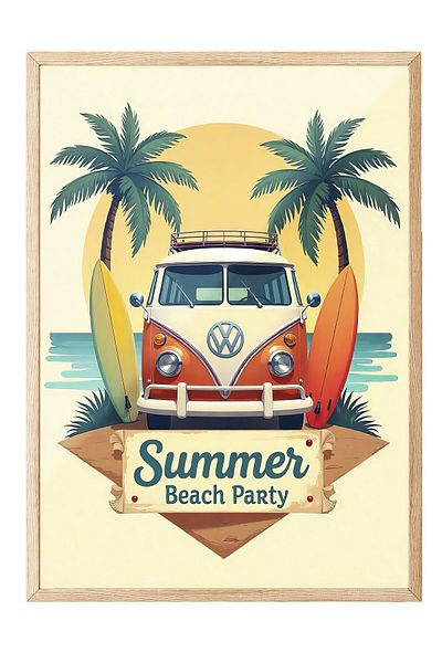 Postifull Wooden Framed Painting, Summer Beach Party, Illustration, Maximalist, Colorful Color Poster, 2025 Summer Selection