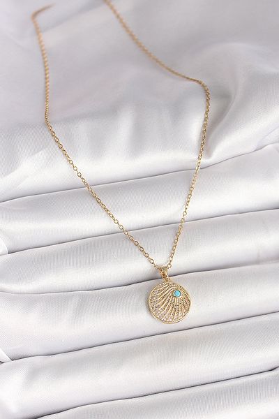 Toptan Bulurum 316L Steel Gold Color Chain Zircon Stone Embroidered Blue Stone Detailed Medallion Model Women's Necklace
