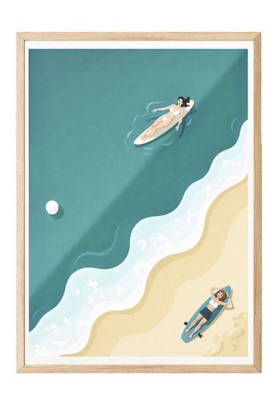 Postifull Wooden Framed Painting, Women Sunbathing, Illustration, Maximalist, Blue Color Poster, 2025 Summer S