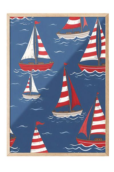 Postifull Wooden Framed Poster, Sailboats, Illustration, Blue Color Poster, Summer Selection 2025, No:109634