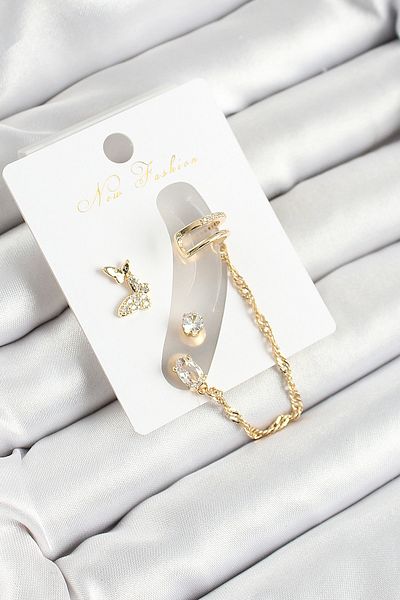 NEZADE STORE Brass Butterfly Figured Zircon Stone Gold Color 3-Piece Cartilage Women's Earring Set
