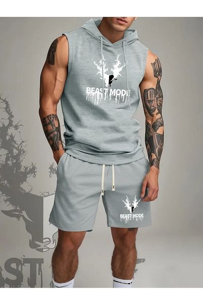 ACTIVE MODA -Men's Gym Sports Singlet-Shorts 2-Piece Set Cotton Printed