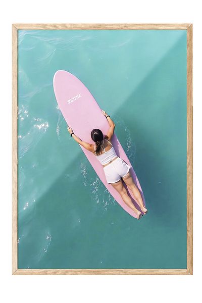 Postifull Wood Framed Poster, Surfing on the Sea, Illustration, Blue Color Poster, 2025 Summer Selection, No:109597