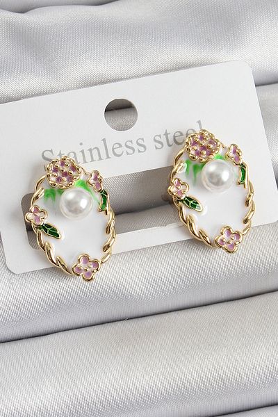 NEZADE STORE Brass White Enamel Pearl Detailed Artistic Portrait Model Gold Color Women's Earrings