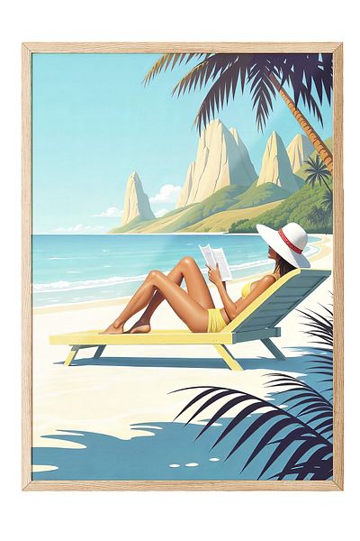 Postifull Wooden Framed Painting, Women Sunbathing, Illustration, Maximalist, Blue Color Poster, 2025 Summer S