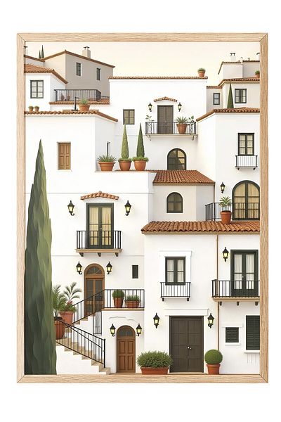 Postifull Wooden Framed Painting, White Houses, Illustration, White Color Poster, 2025 Summer Selection, No:109709