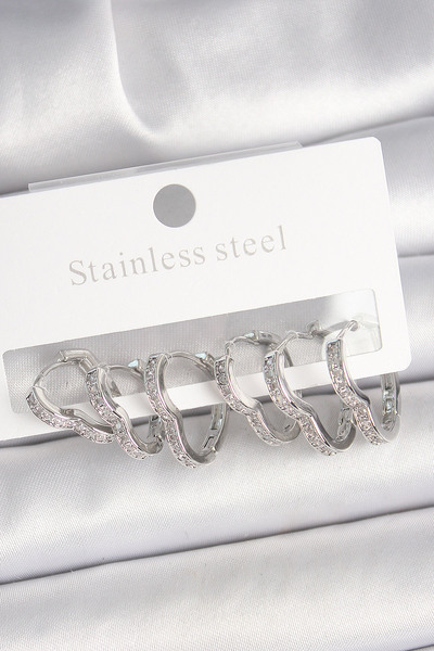 Toptan Bulurum Brass Silver Color Zircon Stone 3 Double Heart Model Women Earrings