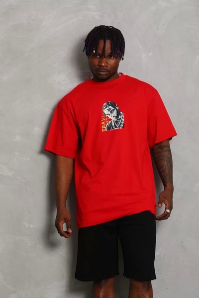 lioraclass Unisex Oversize Printed Crew Neck T-Shirt - Red
