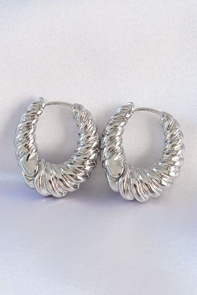 NEZADE STORE Brass Silver Color Serrated Detail Curved Hoop Earrings