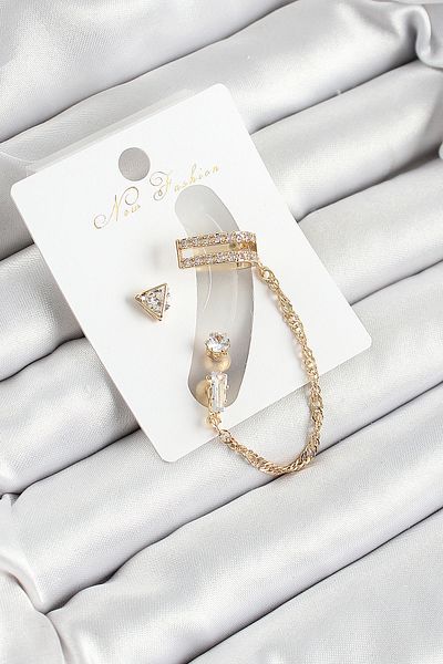 Toptan Bulurum Brass Triangle Figured Zircon Stone Gold Color 3-Piece Cartilage Women's Earring Set