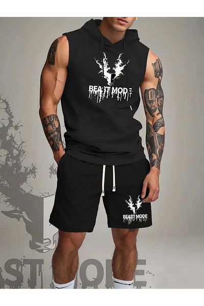 ACTIVE MODA -Men's Gym Sports Singlet-Shorts 2-Piece Set Cotton Printed