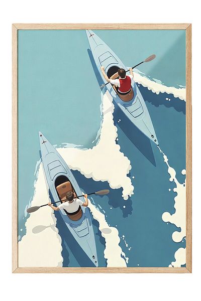 Postifull Wooden Framed Poster, Men on a Boat, Illustration, Blue Color Poster, 2025 Summer Selection, No:1096