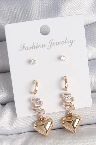 NEZADE STORE Brass Gold Color Zircon Stone Dangle Heart Model Half Ring Detail 3 Pairs Women's Earring Set