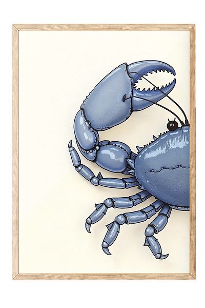 Postifull Wooden Framed Poster, Crab, Illustration, Blue Color Poster, 2025 Summer Selection, No:109573