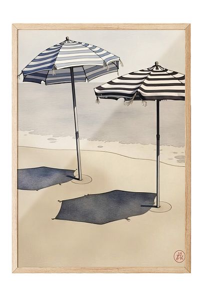 Postifull Wooden Framed Poster, Umbrella on the Beach, Illustration, Blue Color Poster, Summer Selection of 2025, No:109695
