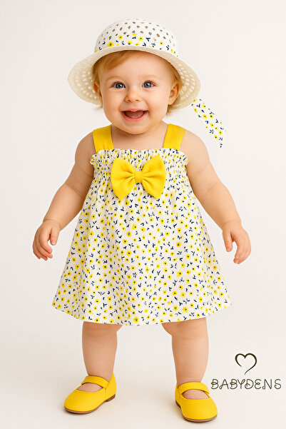 BABYDEN'S Kız Bebek Çiçek Desenli Fiyonklu Yazlık Elbise Şapkalı Takım Pamuklu Sarı Çiçekli Bebek Kombini