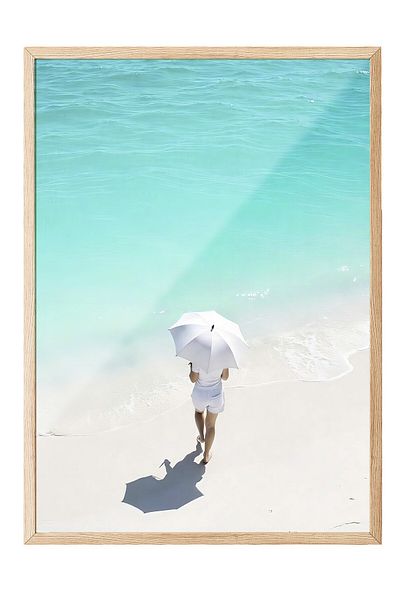 Postifull Wood Framed Poster, Woman on the Beach, Photo, Blue Color Poster, Summer Selection of 2025, No:109681