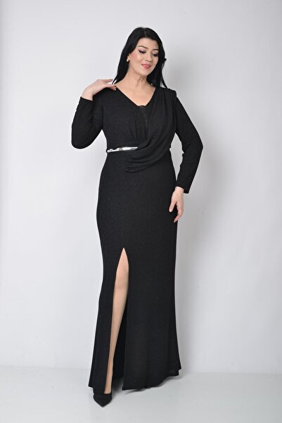 LİLAS XXL Büyük Beden Yırtmaç Detaylı Siyah Renkli Likralı Simli Abiye Elbise