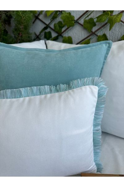 Decamor home White Throw Pillow Cover with Blue Tassels