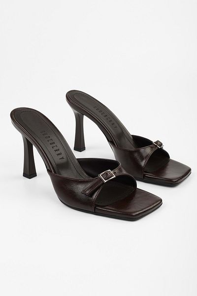 Shoeberry Women's Vionne Bitter Brown Shiny Belted Heeled Slippers