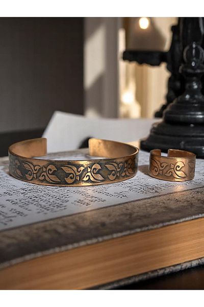PrestigeSO Pure Copper Bracelet & Ring Set with Flower Symbol |   Adjustable & Unisex |   Natural Elegance