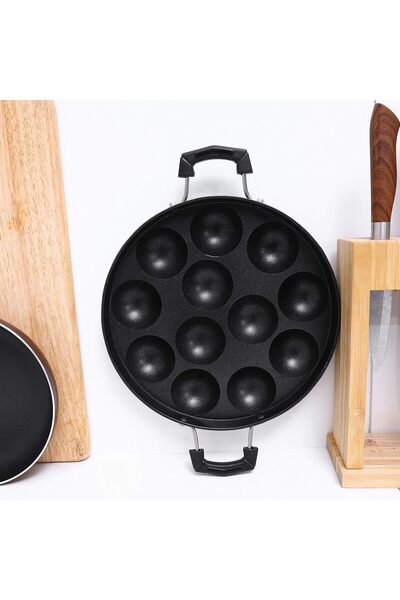 DELCASA Aluminum Appam Pathram Pan, 12 Cavities, 1x12, Black, Polished