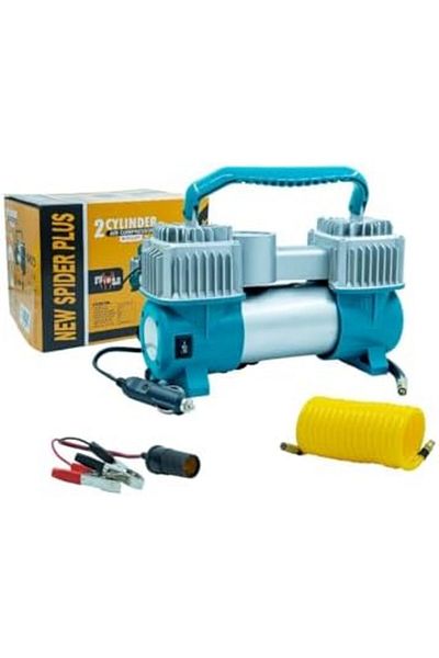 New Spider Plus 2 Cylinder 12V Air Compressor with Light, 150 PSI, Dual Stainless Steel Cylinders, Off-Road Use