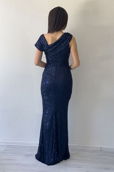 zks grup tekstil Women's Asymmetrical Neckline Sequin Sequin Plus Size Fish Evening Dress Beige, Navy Blue, Black, Mink