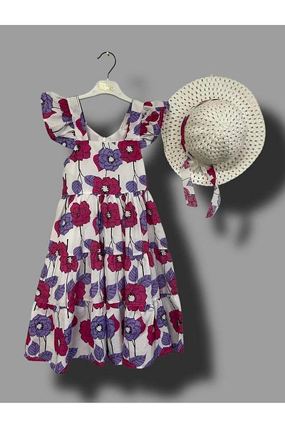 skycott Girl's Summer Dress with Hat and Flowers - Purple